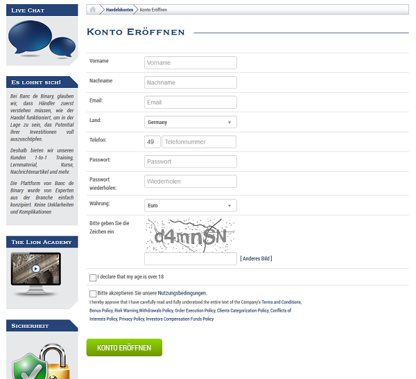 Das Kontoeröffnungsformular der Banc de Binary