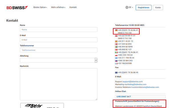 Kontakt zum Kundensupport von BDSwiss