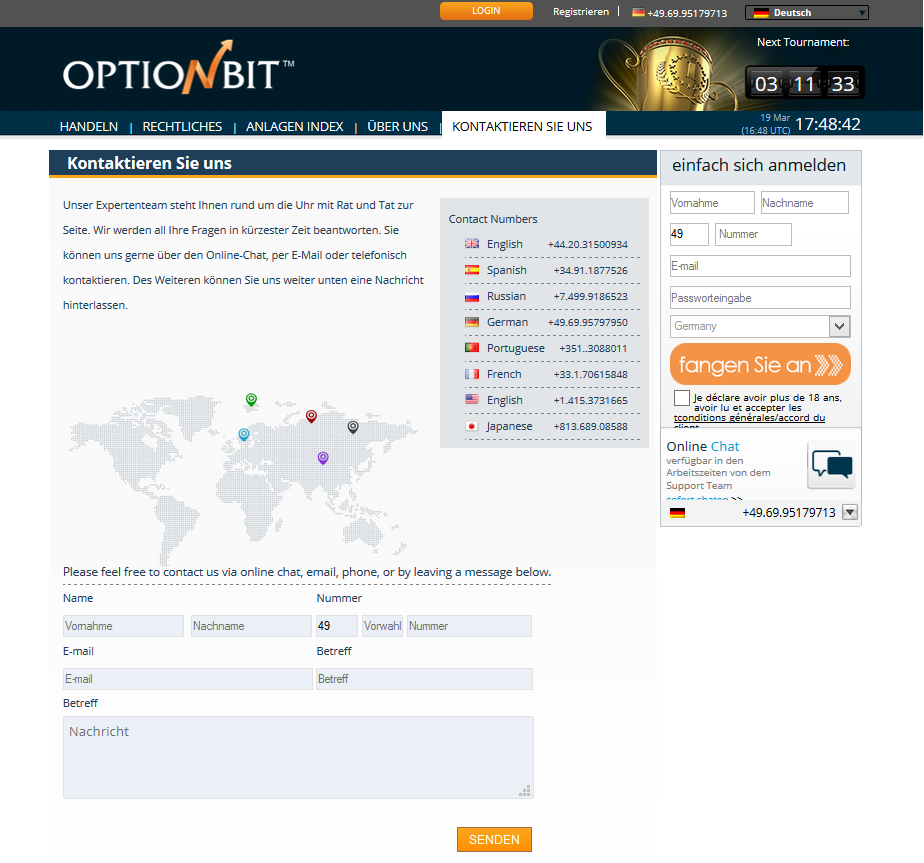 Um sich für das OptionBit Demokonto zu registrieren, müssen Kunden den Support kontaktieren