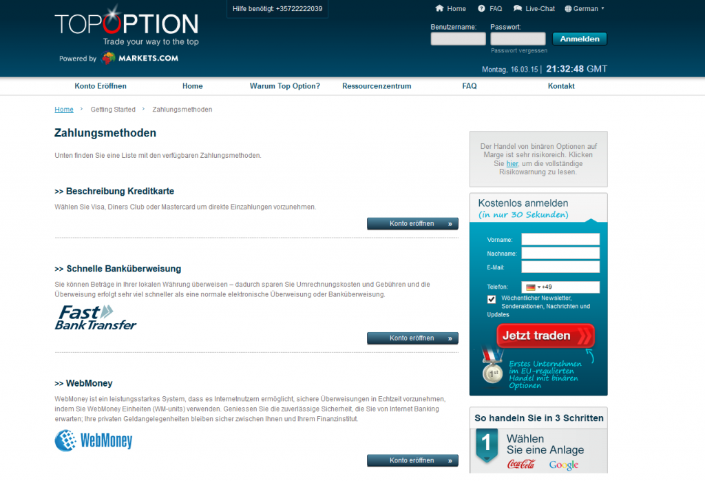 Einzahlungsmöglichkeiten bei TopOption